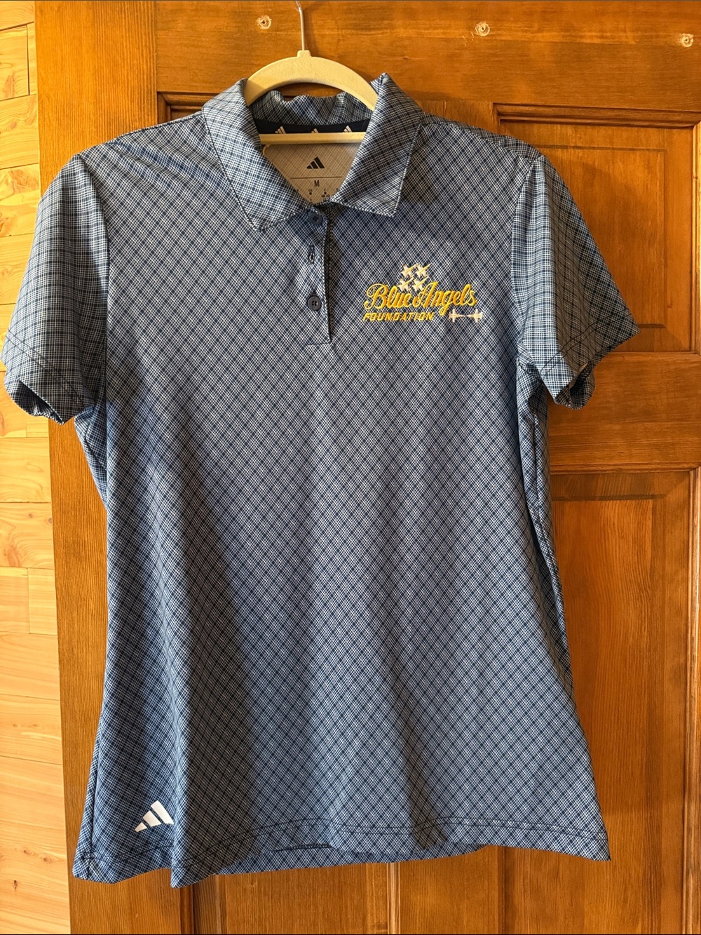 adidas Light Blue Plaid Polo with Yellow Embroidery Golf Polos
